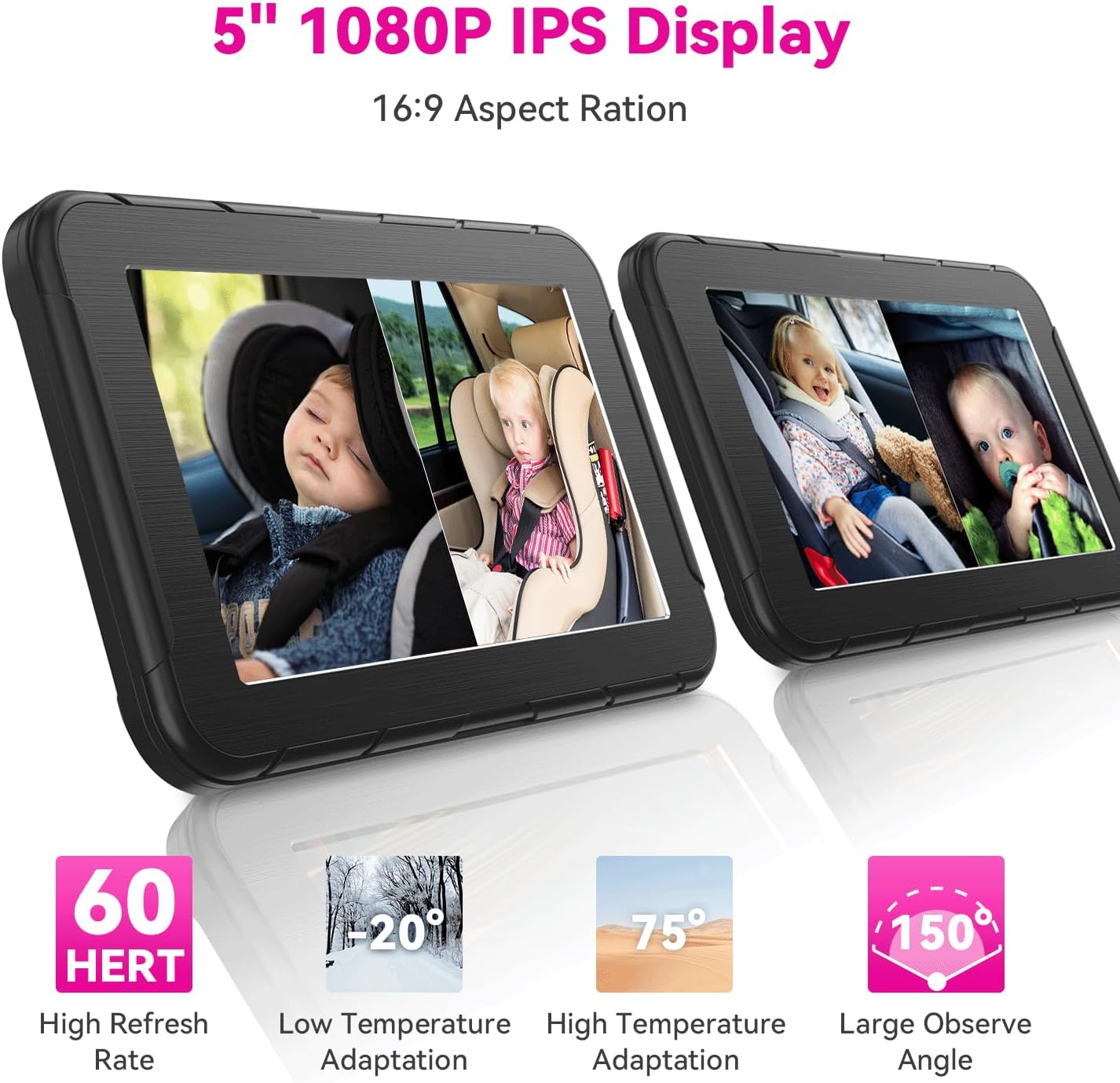 Baby Car Camera for 2 Kids 1080P Split-Screen Monitor Dual Cam Rear-Facing Cameras IR Night Vision 360° Rotatable Backseat Screen, Car Seat Mirror Alternative (2 Cameras with 5'' monirtor)