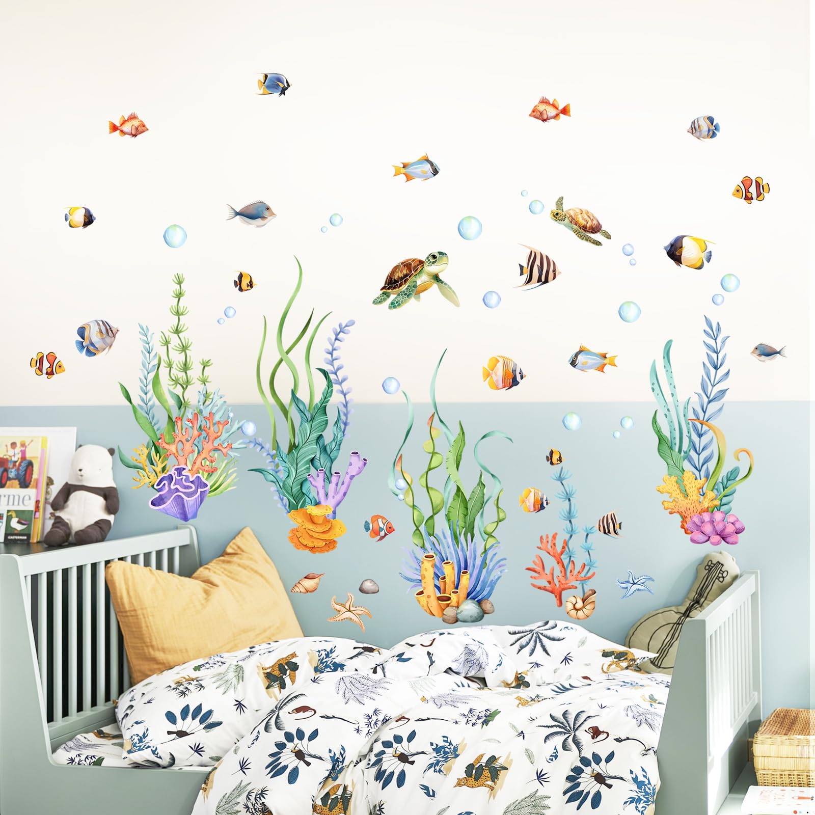 Under The Sea Wall Stickers Seaweed Grass Ocean Fish Sea Turtle Underwater Wall Decals for Bathroom Peel and Stick Wall Art Decals for Baby Nursery Kids Bedroom Bathroom - Image 4