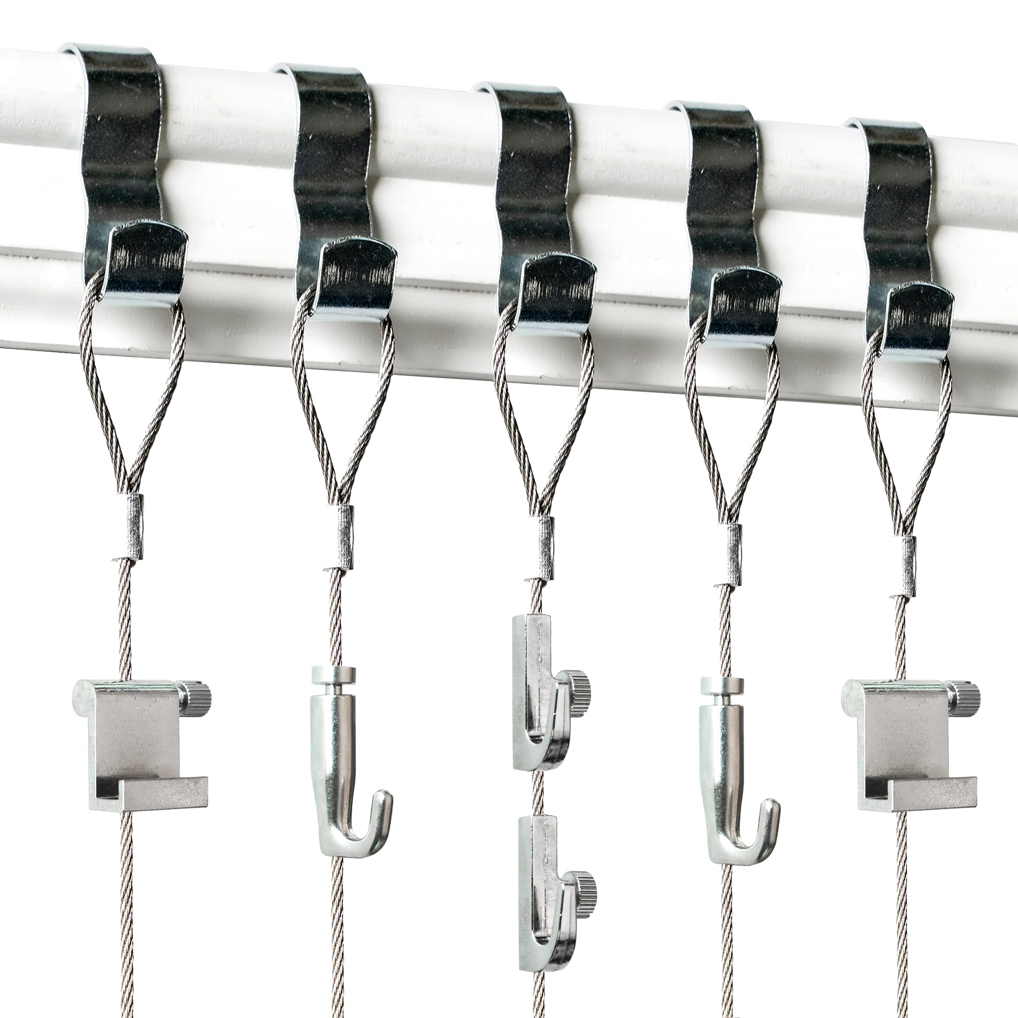 Picture Rail Molding Hooks and Wire - 5 Pack - Includes Silver Rail Hooks, Wire Cables and Adjustable Frame Hangers