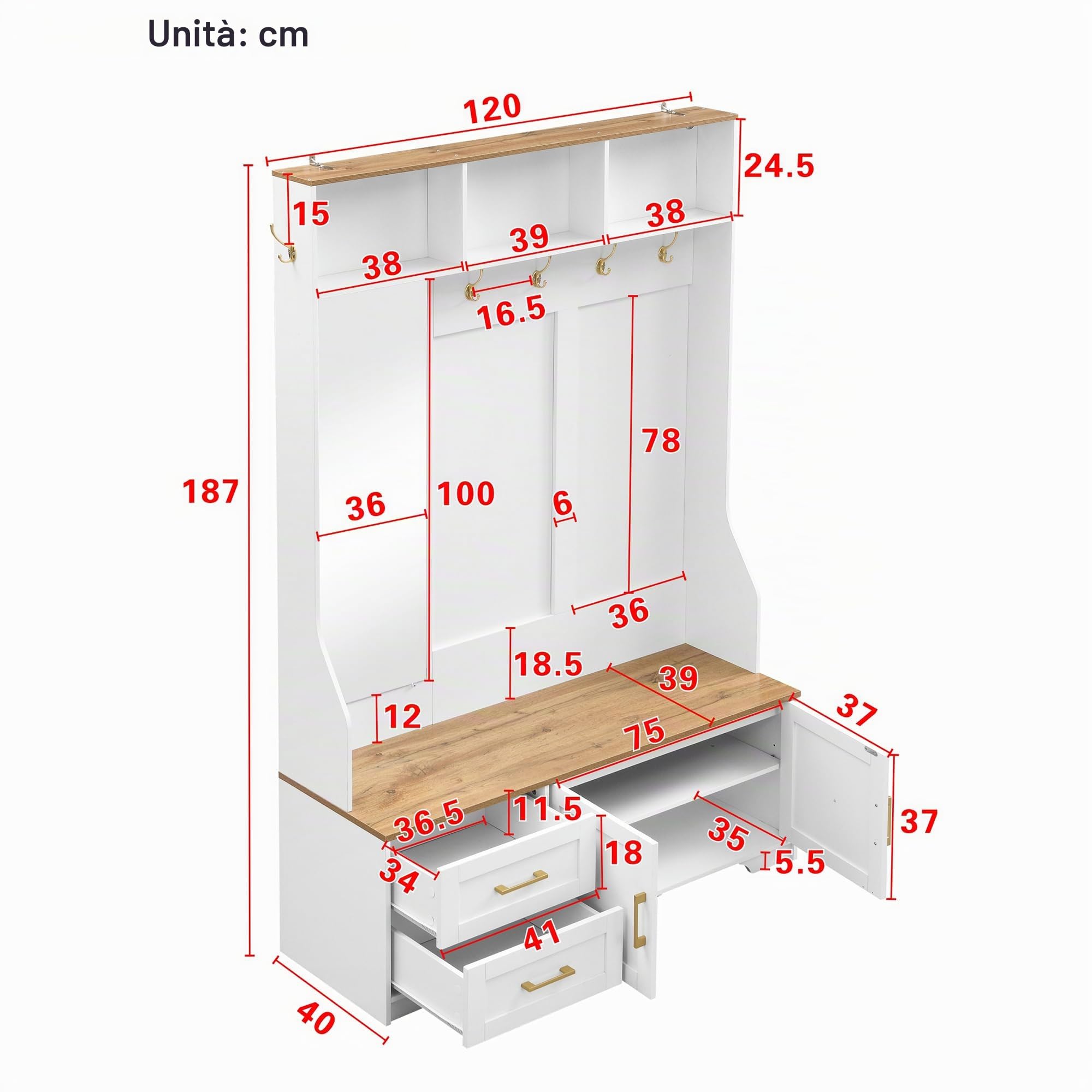 Scarpiera multifunzione per corridoio con illuminazione a LED, specchi, ganci e cassetti - Armadio per ingresso e corridoio con spazio di archiviazione e seduta, 120 L x 40 L x 187 H (cm)