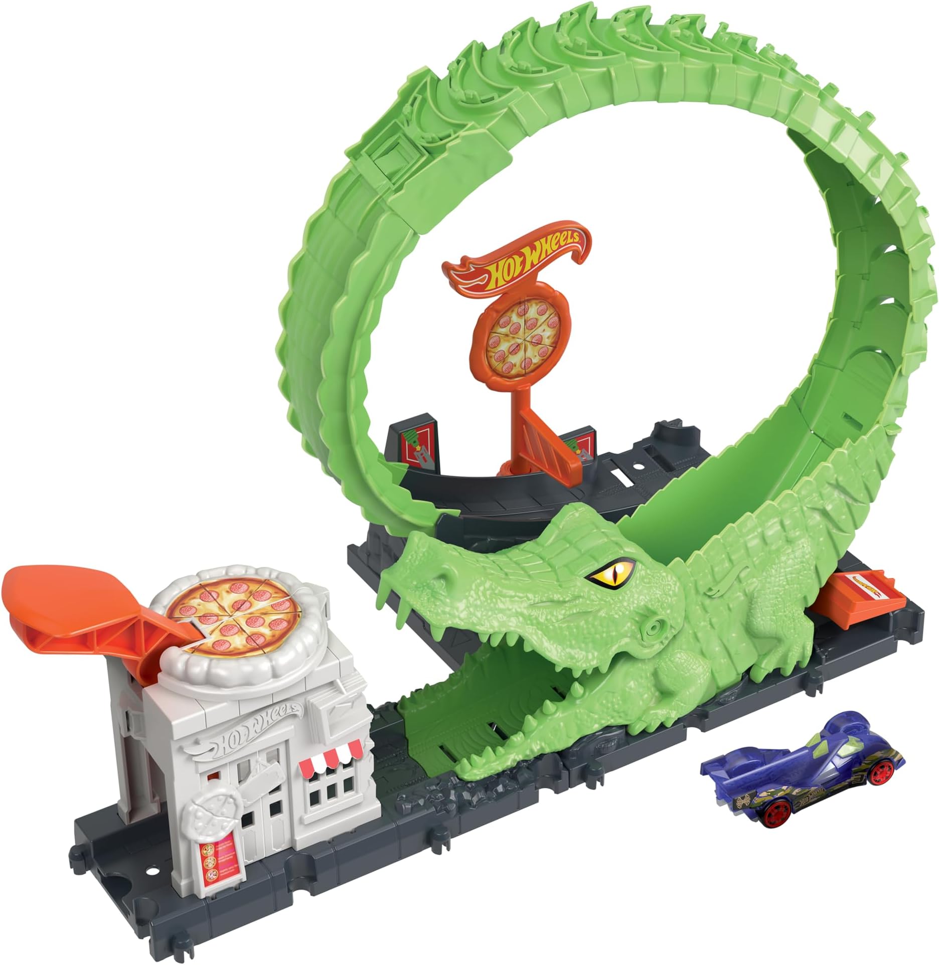 Hot Wheels Track Set with 1 Hot Wheels® Car, Adjustable Track That Connects to Other Sets, Gator Loop Pizza Place Playset​