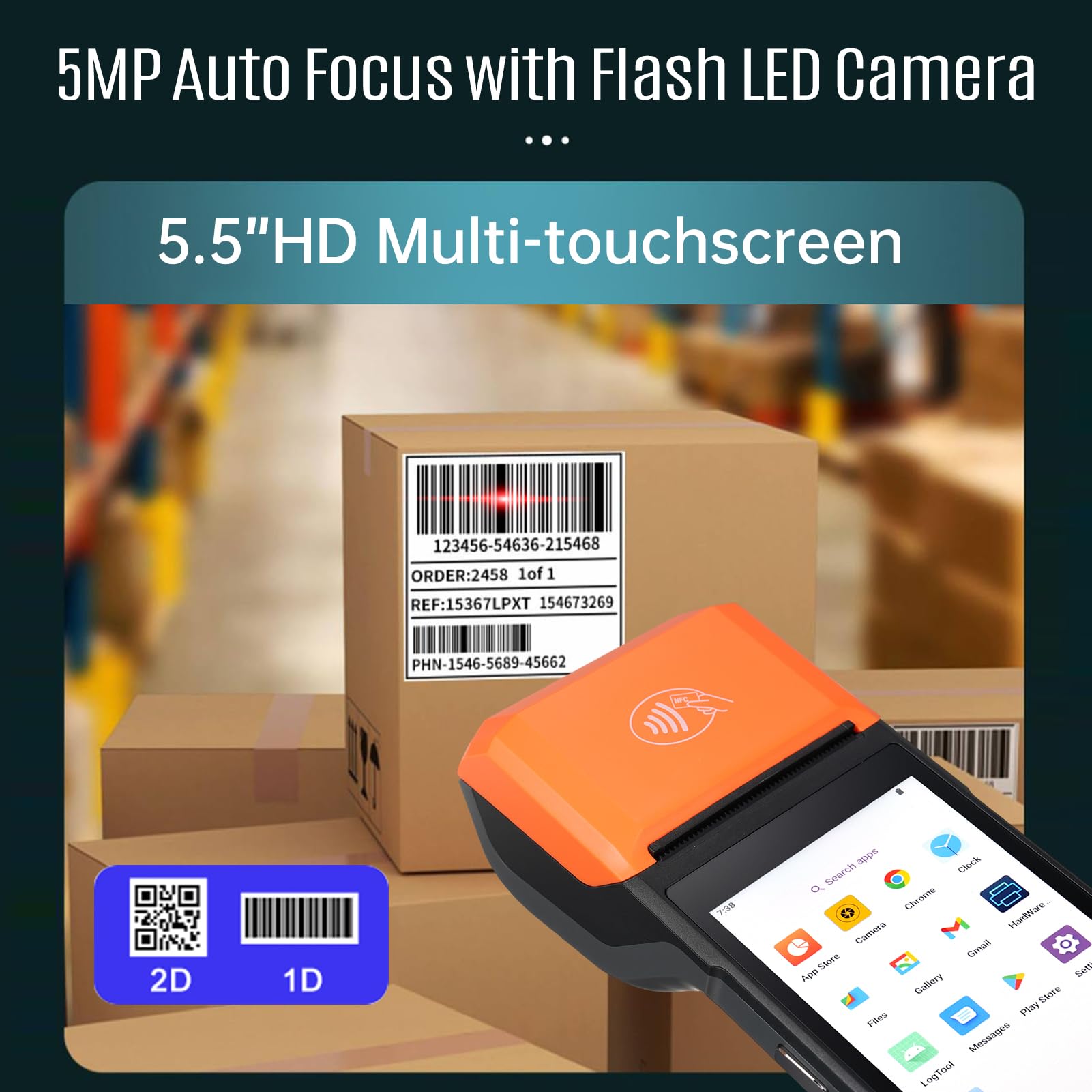 Bisofice Android 14 PDA Handheld POS Terminal Belegdrucker, Mobile Computer PDA mit 1D 2D QR Barcode Scanner, WiFi & 4G, BT, 5.5"" Touchscreen 5MP Camera für Einzelhandel, Lager, Logistik, POS System