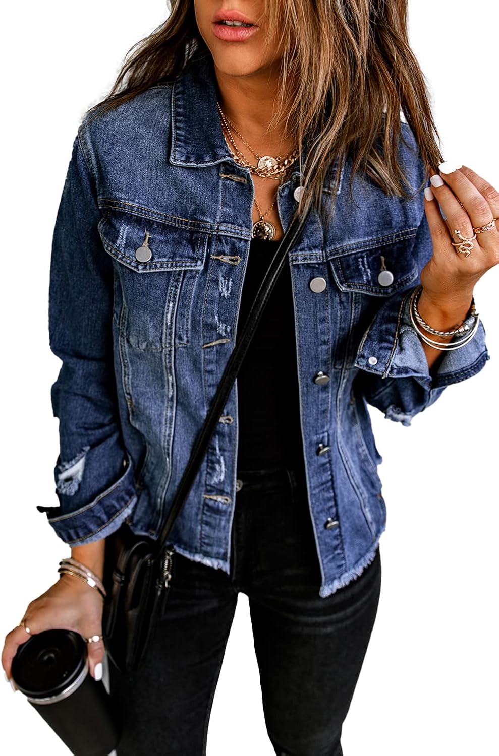 Necooer Women's Jean Jacket Distressed Washed Button Up Boyfriend Denim Jacket Coat With Pockets