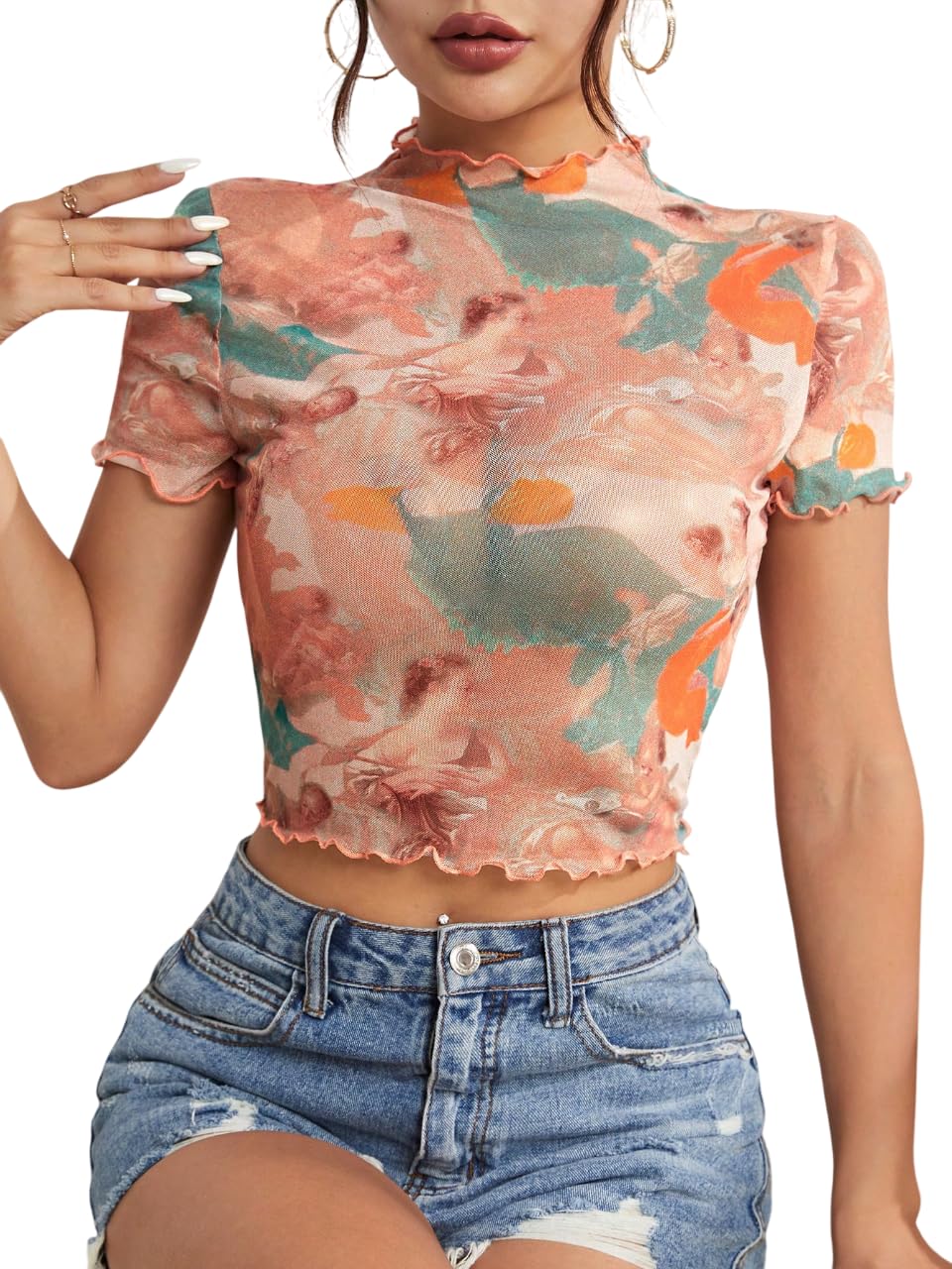 mikuchiku Mesh Crop Top |with Unique Print |Sheer Short Sleeve Aesthetic Tee, Ruffled Hem Vintage Streetwear Summer Top |-picture-12