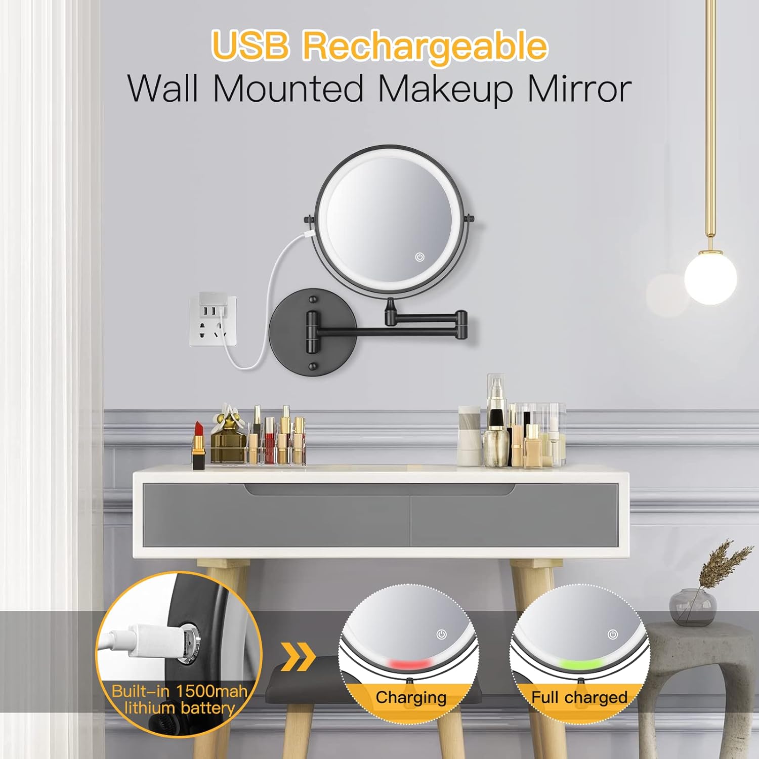 Wall Mounted LED Makeup Mirror, SanaWell 10X Lighted Magnification Mirror Adjustable LED Lighted