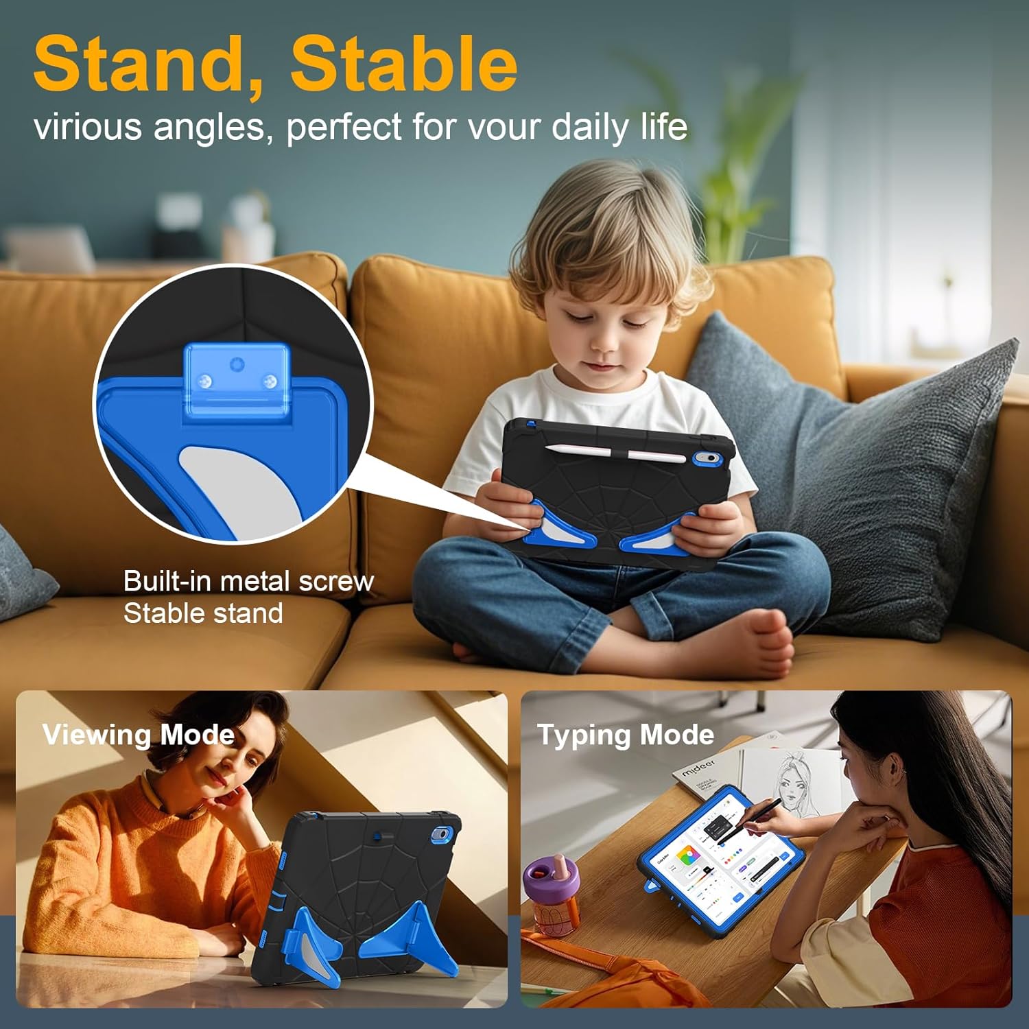 Case for iPad A16 11th Generation 11 Inch 2025, Auorld for iPad 10th Generation 10.9 inch 2022 case Kids Boys with Screen Protector Foldable Stand Shoulder Strap Pencil Holder Shockproof, Black Blue