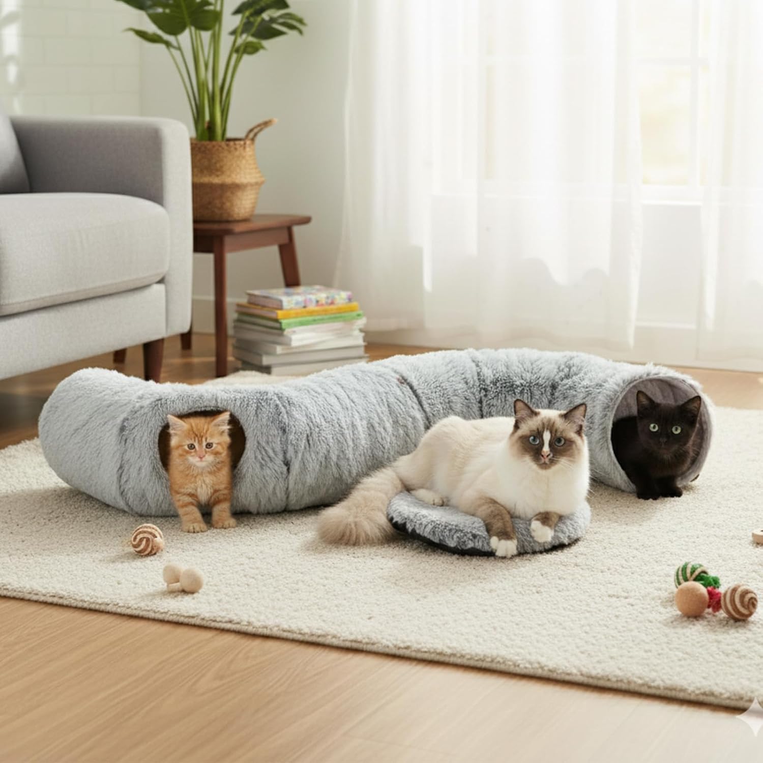 Cat Tunnels for Indoor Cat, Soft Plush Dount Kitty Cave with Peekaboo Hideaway, Under Christmas Tree Cat Toys for Kittens, Rabbits & Ferrets