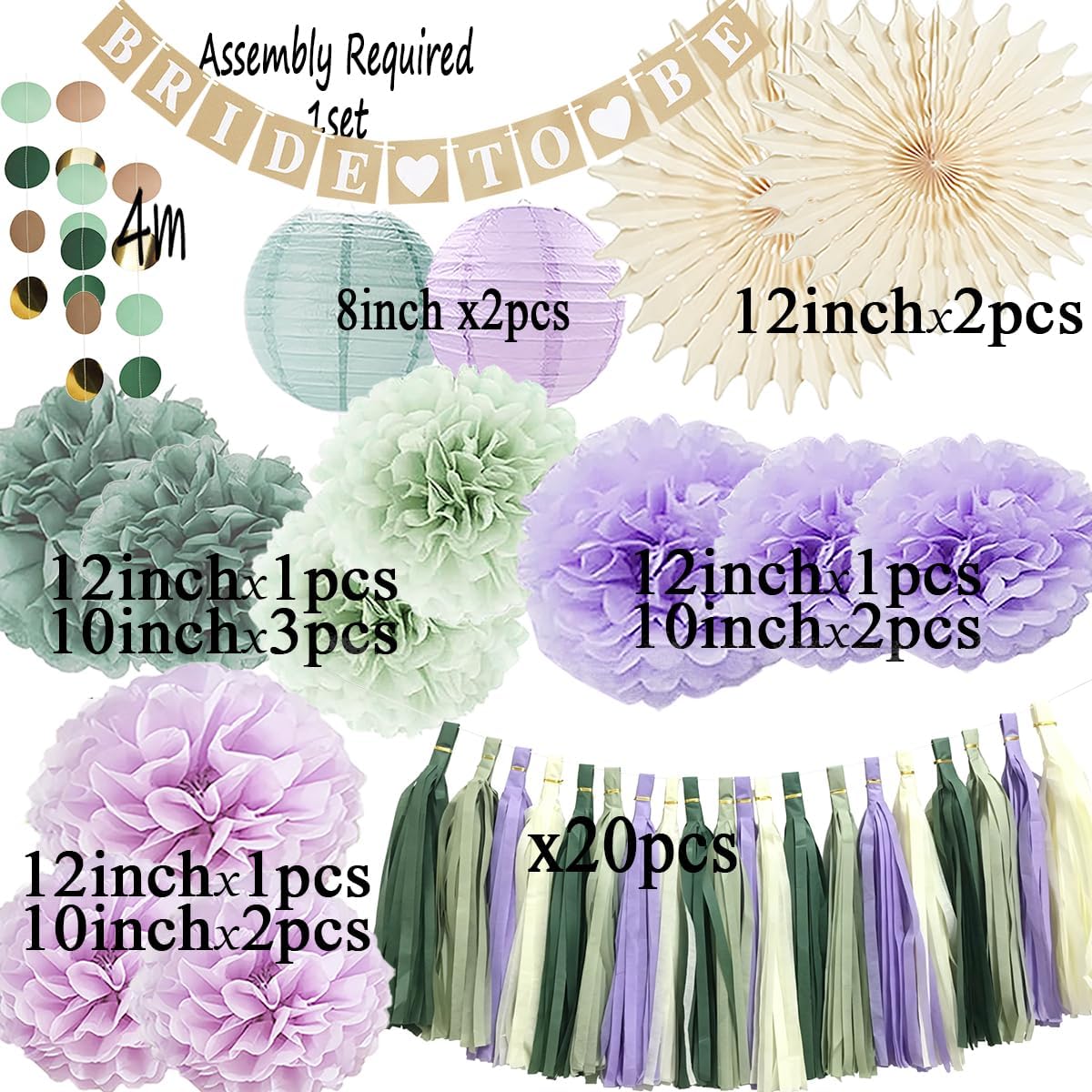 Bridal Shower Decorations Lavender and Sage Green -Bachelorette Party Decor Supplies Kit for Wedding with Bride to Be Banner Hanging Tissue Paper Flowers Lantern and Tassel Garland (Lilac +Purple)