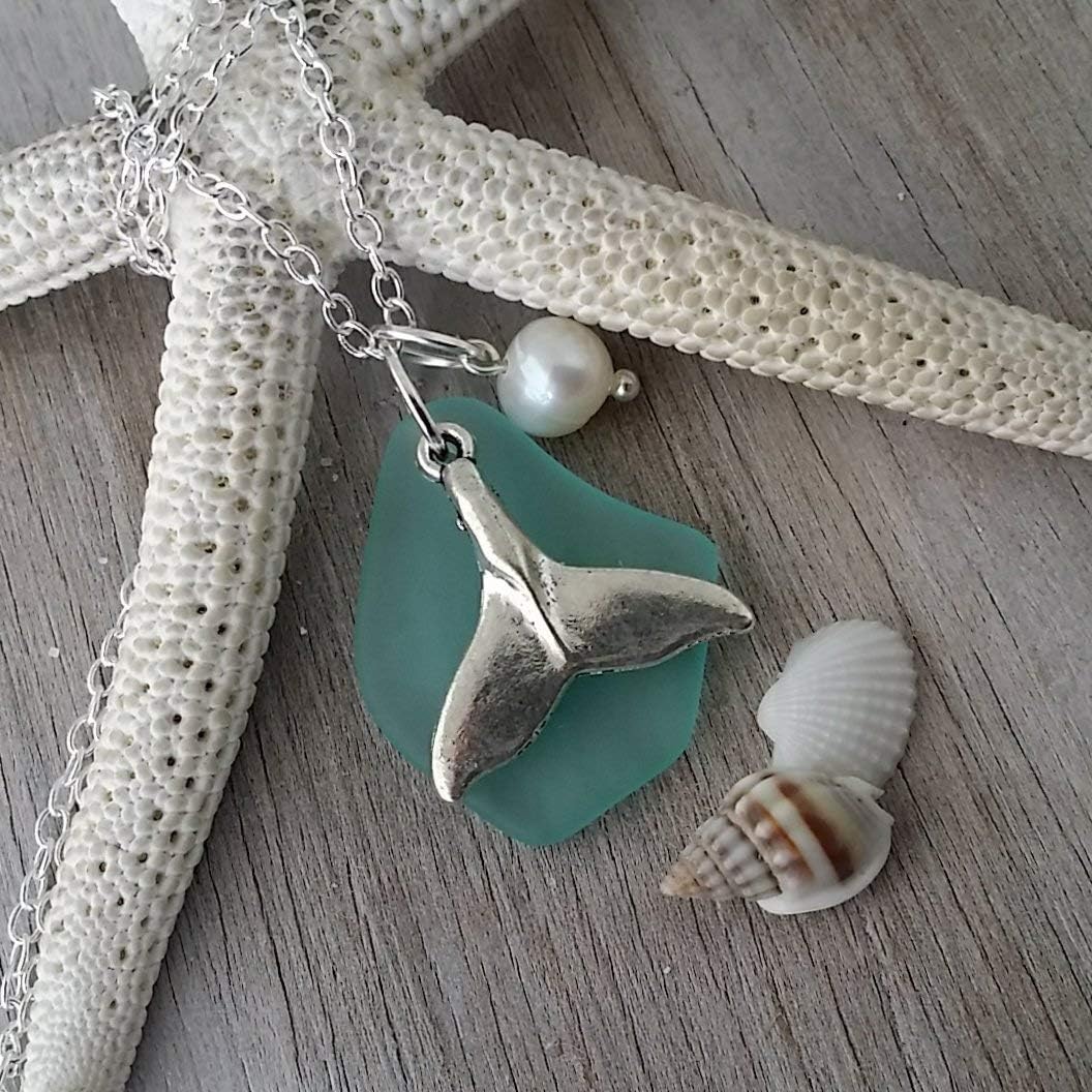 yinahawaii Handmade Aqua sea glass necklace, March Birthstone, Natural pearl, whale tail, (Hawaii Gift Wrapped