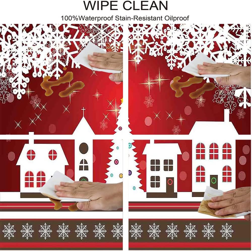 Christmas Square Fitted Tablecloth, Winter Holidays Theme Gingerbread House with Trees and Snowflakes Artwork Print, Suitable for Catering and Kitchen, Fit for 62"x62" Square Table Red White