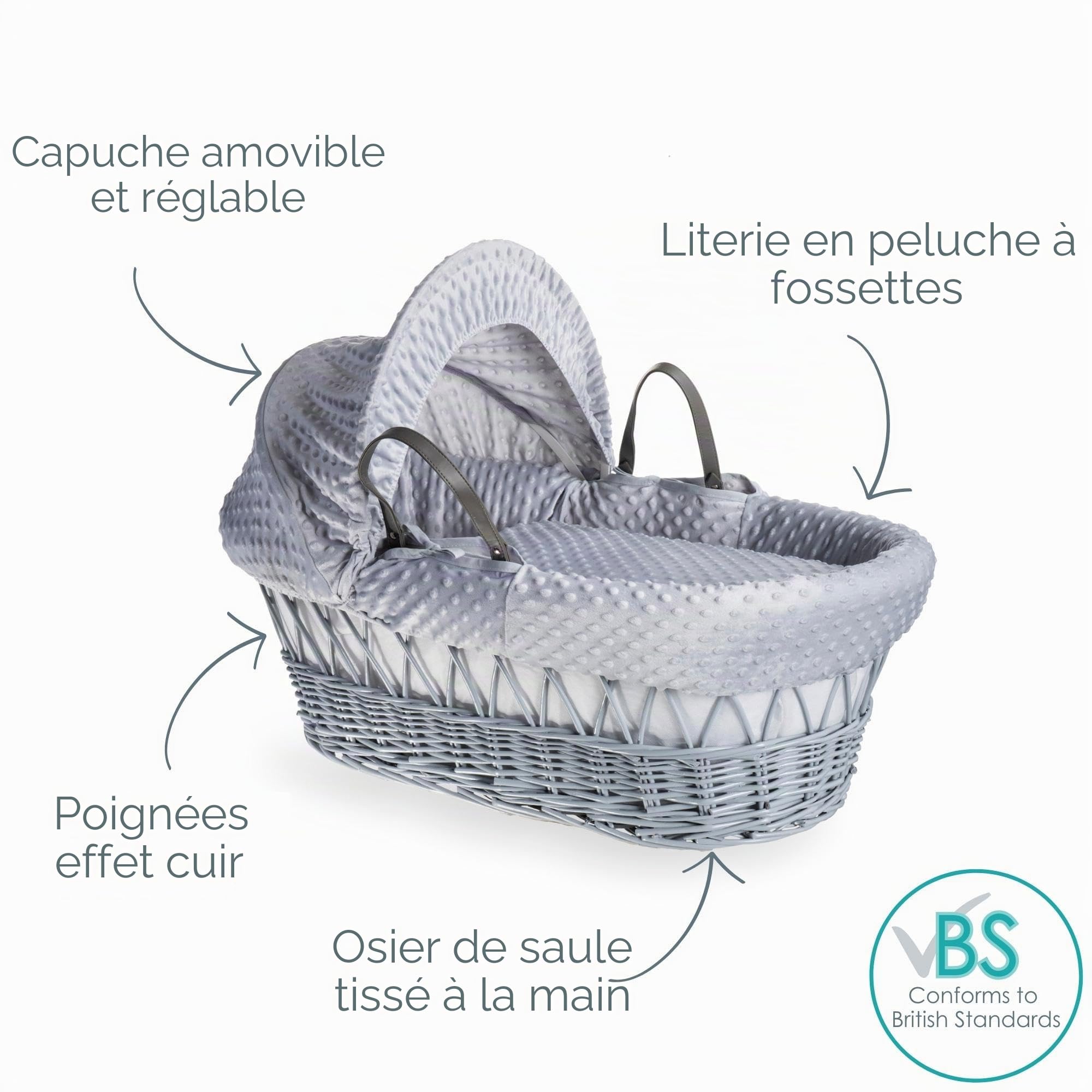 Clair de Lune Couffin en osier gris avec literie 68 x 30 cm (gris)