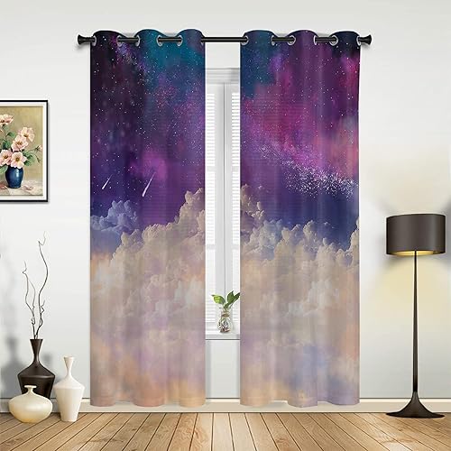 Curtains Panels for Living Room Modern Sky Meteor Purple and White Window Curtains Light Filtering Grommet Top Drapes for Bedroom Sliding Glass Door