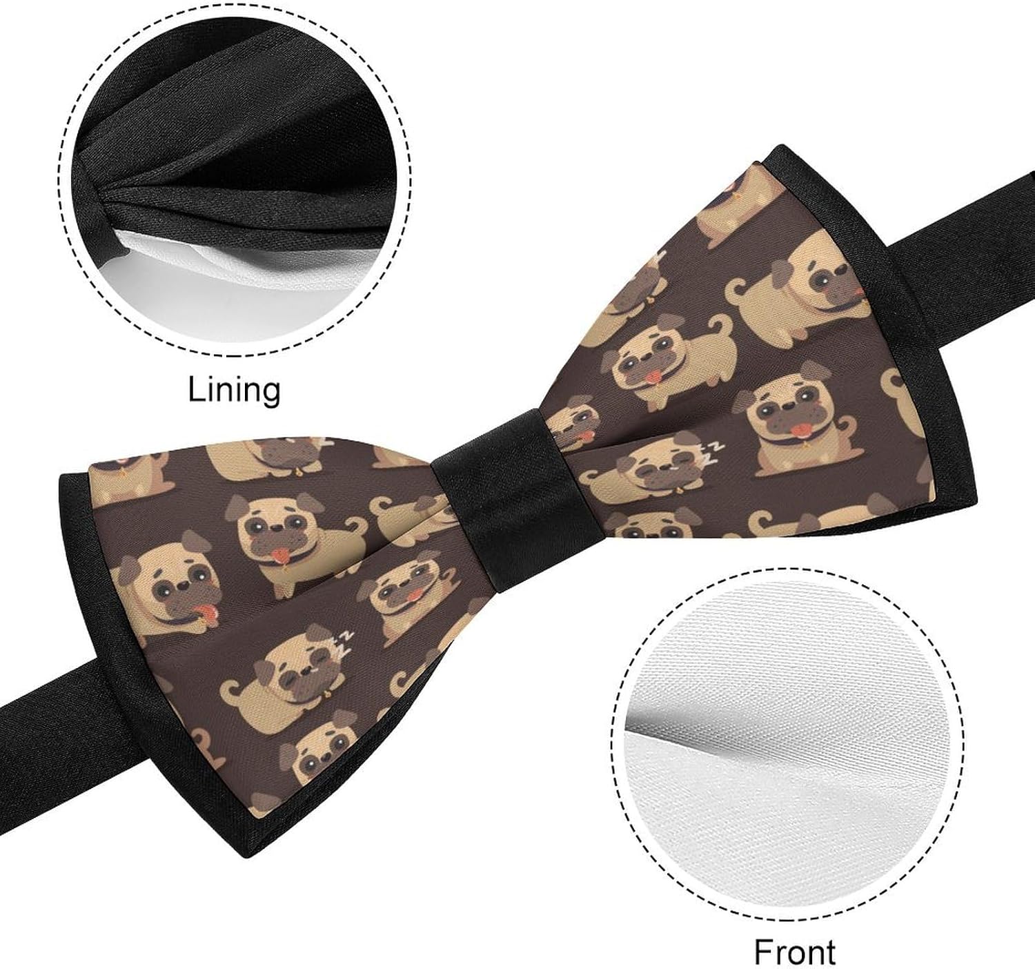 Cartoon Brown Pug Dog Adjustable Bow Ties for Men Women Pre-tied Bowtie with Custom Graphics