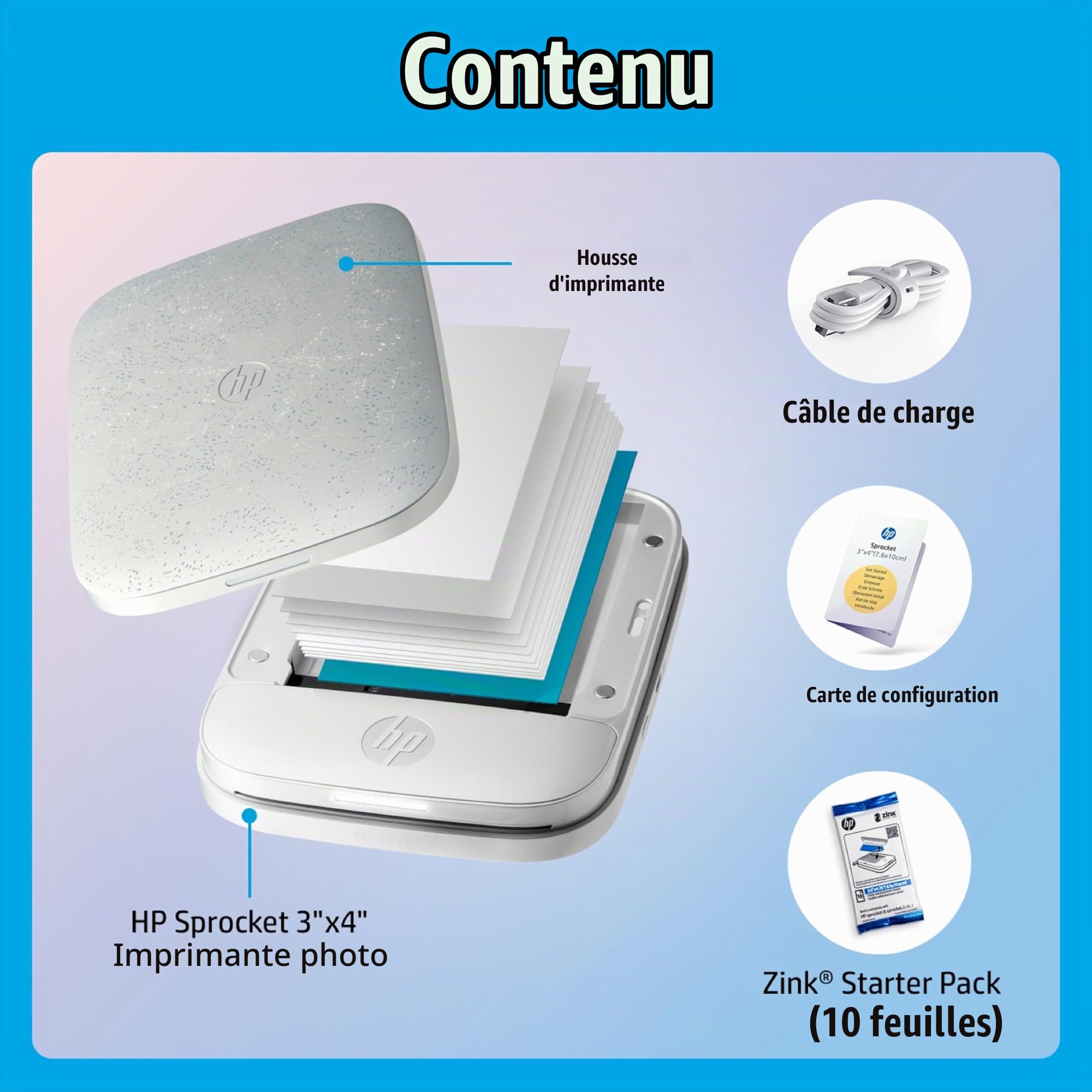 HP Sprocket Imprimante Photo instantanée 3x4 - Kit : 50 Paquets de Papier Zinc, étui