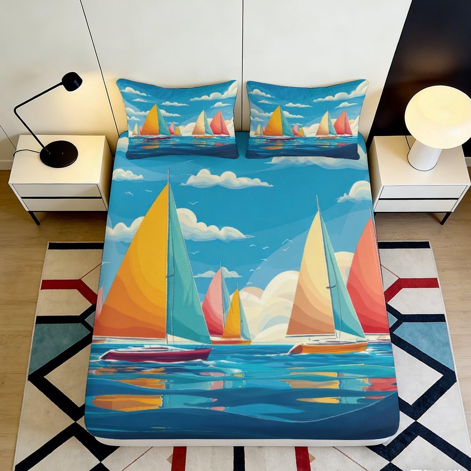 3D Printed Colorful Sailboats Fitted Sheet Microfiber Soft Breathable Ocean View Bed Cover for Bedroom Dormitory Guest Room Mattress Protection Decor 180x200x25cm
