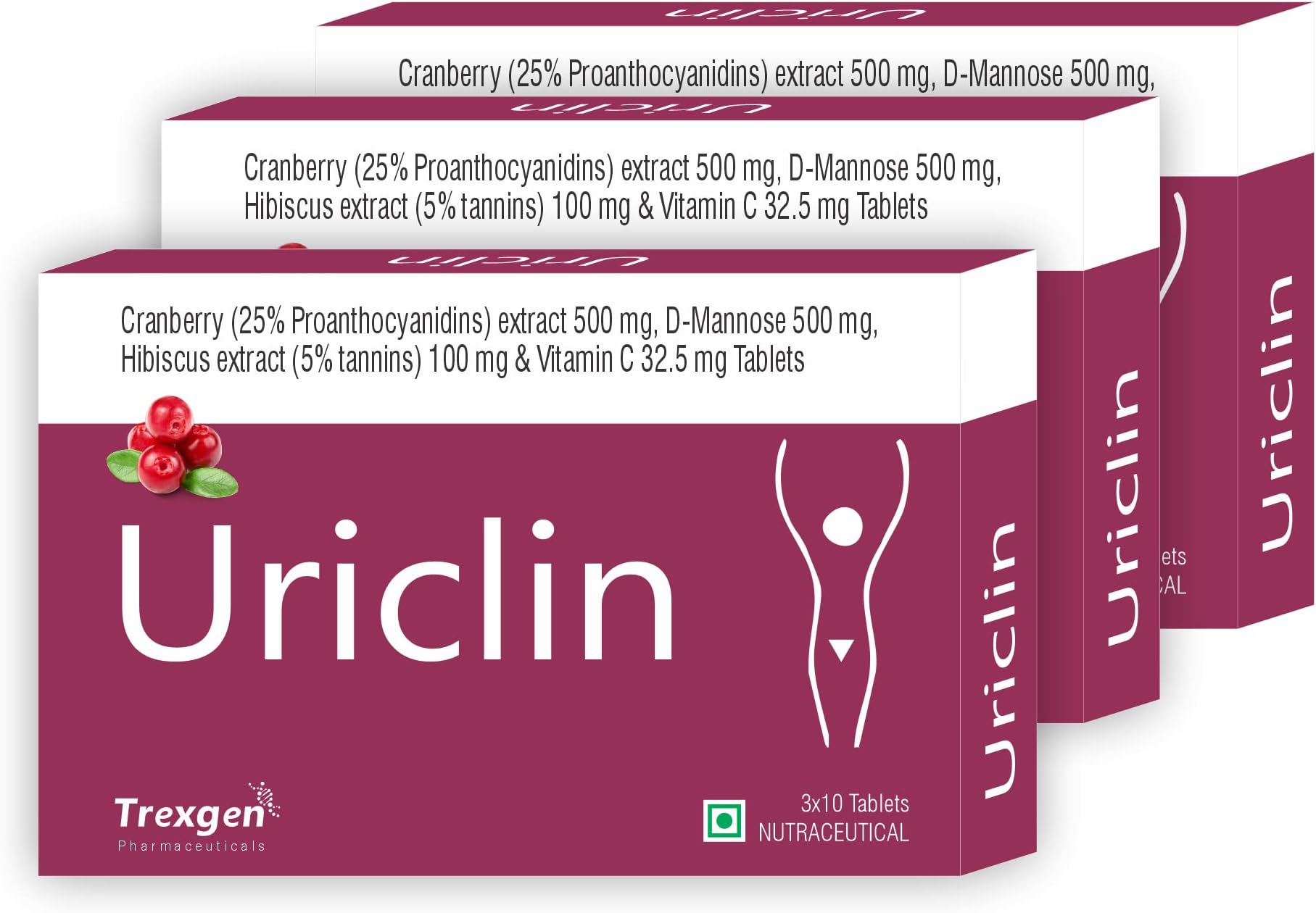 Trexgen URICLIN UTI Support Cranberry 25% Proanthocyanidins 500 mg, D-Mannose 500 mg, Hibiscus 100 mg & Vitamin C (30 Tablets) (Pack of 3)