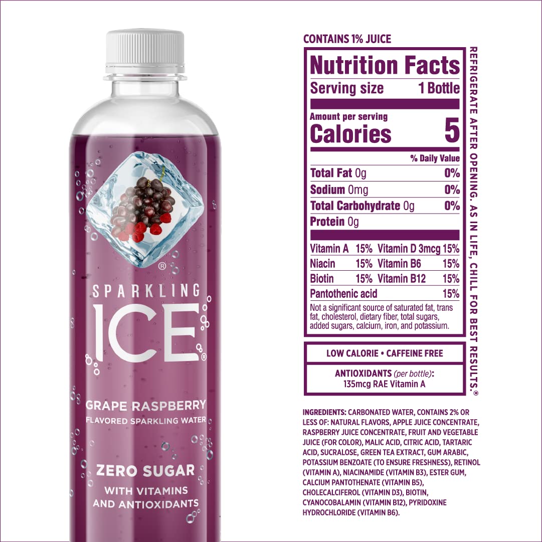 Sparkling Ice, Grape Raspberry Sparkling Water, Zero Sugar Flavored Water, with Vitamins and Antioxidants, Low Calorie Beverage, 17 fl oz Bottles (Pack of 12)