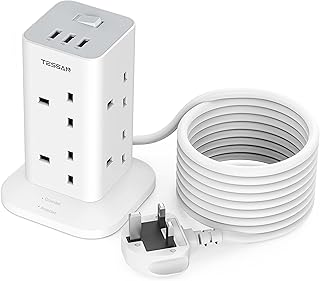 Tower Extension Lead with 3 USB Slots, TESSAN 5M Extension Cable 8 Way Multi Socket Plug Extension Tower, Surge Protected Extension Cord with Switch, Plug Tower Power Strip for Home, Office