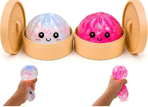 2 PCS Mystery Sparkly White Pink Dumpling Squishies, Soft Stretchy Bao Bun Stress Relief Balls, Sensory Fidget Squeeze Toys for Anxiety Relief, Decompression Desk Toys