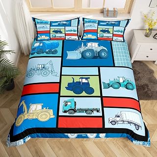 Homewish Under Construction Duvet Cover for,Girls Kids Excavator Comforter Cover Full Size,Grid Squares Bedding Set Kids Teen Room Decor Bed Cover,Blue and Red Bedclothes with Zipper(No Comforter)