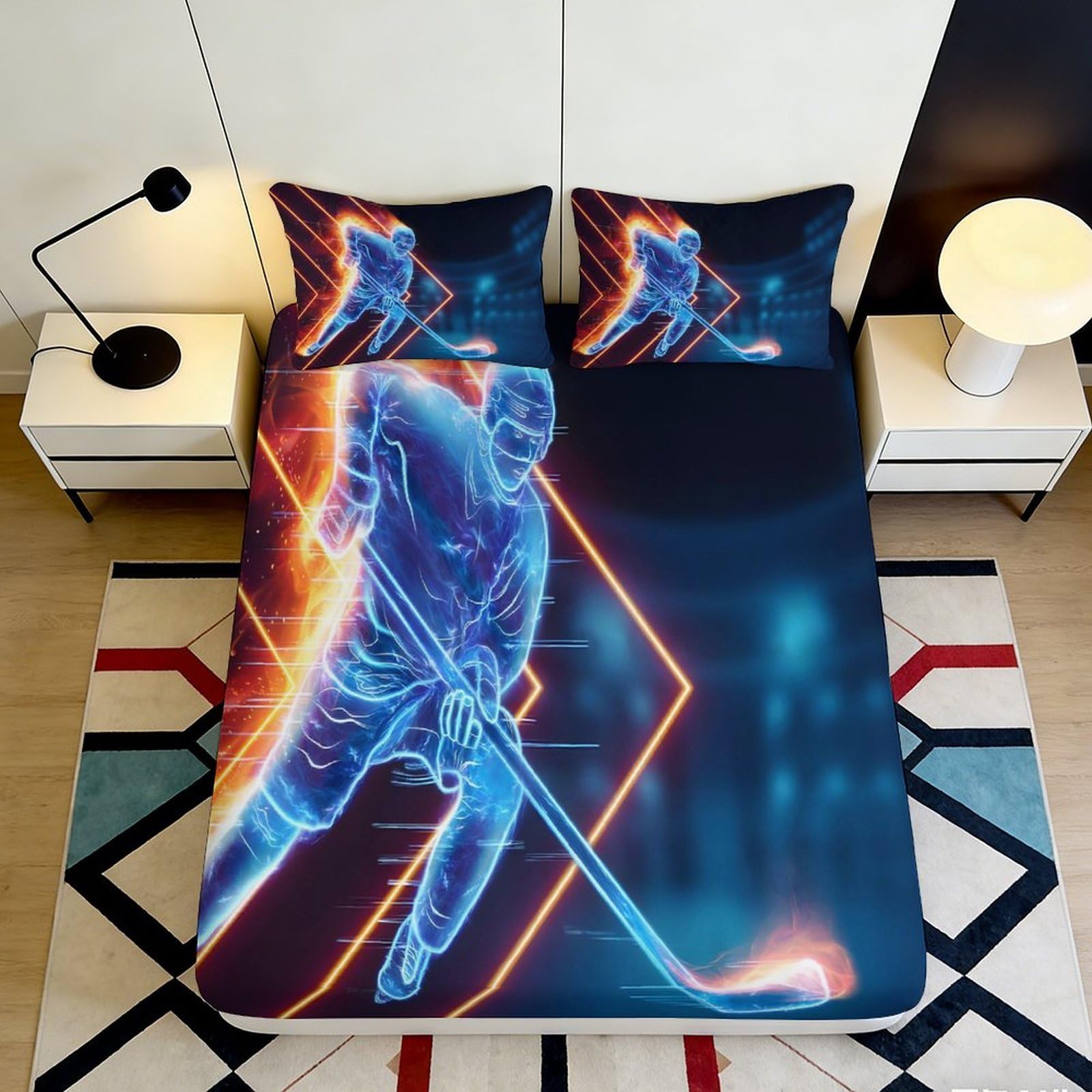 3D Printed Neon Hockey Player Fitted Sheet Microfiber Soft Durable Abstract Sports Mattress Cover for Bedroom Dormitory Guest Room Protection 200x200x25cm