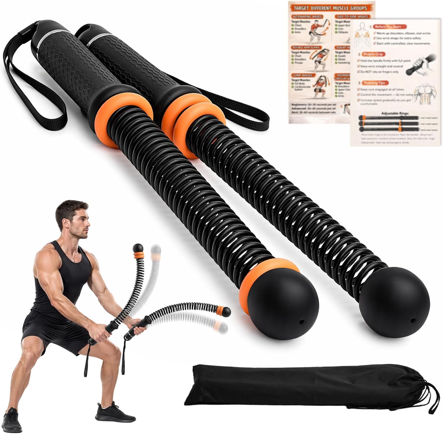 2PCS Ropeless Battle Ropes for Home Gym, Cordless Battle Ropes with Adjustable Resistance Rings, Quiet Portable Workout Equipment for HIIT, Strength Training & Low Impact Cardio