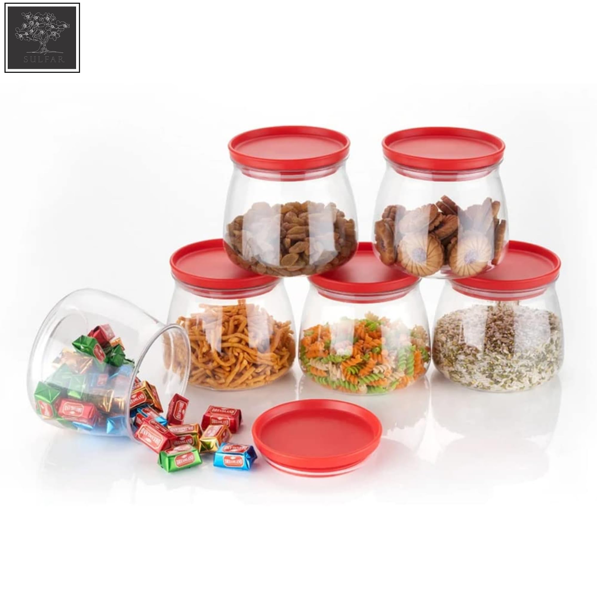 Sulfar Crystal Clear Matka Shaped Glass Jar with Air Tight and Leak Proof Red Colour Plastic lid Jar for Masala, Dry Fruit and Kitchen Canister 900ml Pack of (6 pcs), Multicolor, Large (2286) 1
