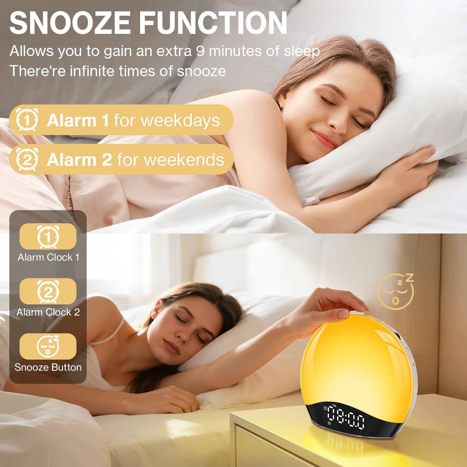 Eveil Lumière Simulateur D'aube Sur Lampe De Chevet LED, 2 Alarmes Avec Fonction Snooze, 17 Couleurs De Lumière, 22 Sons Naturels, 20 Niveaux De Luminosité, Éclairage D'ambiance, Lampe De Chevet