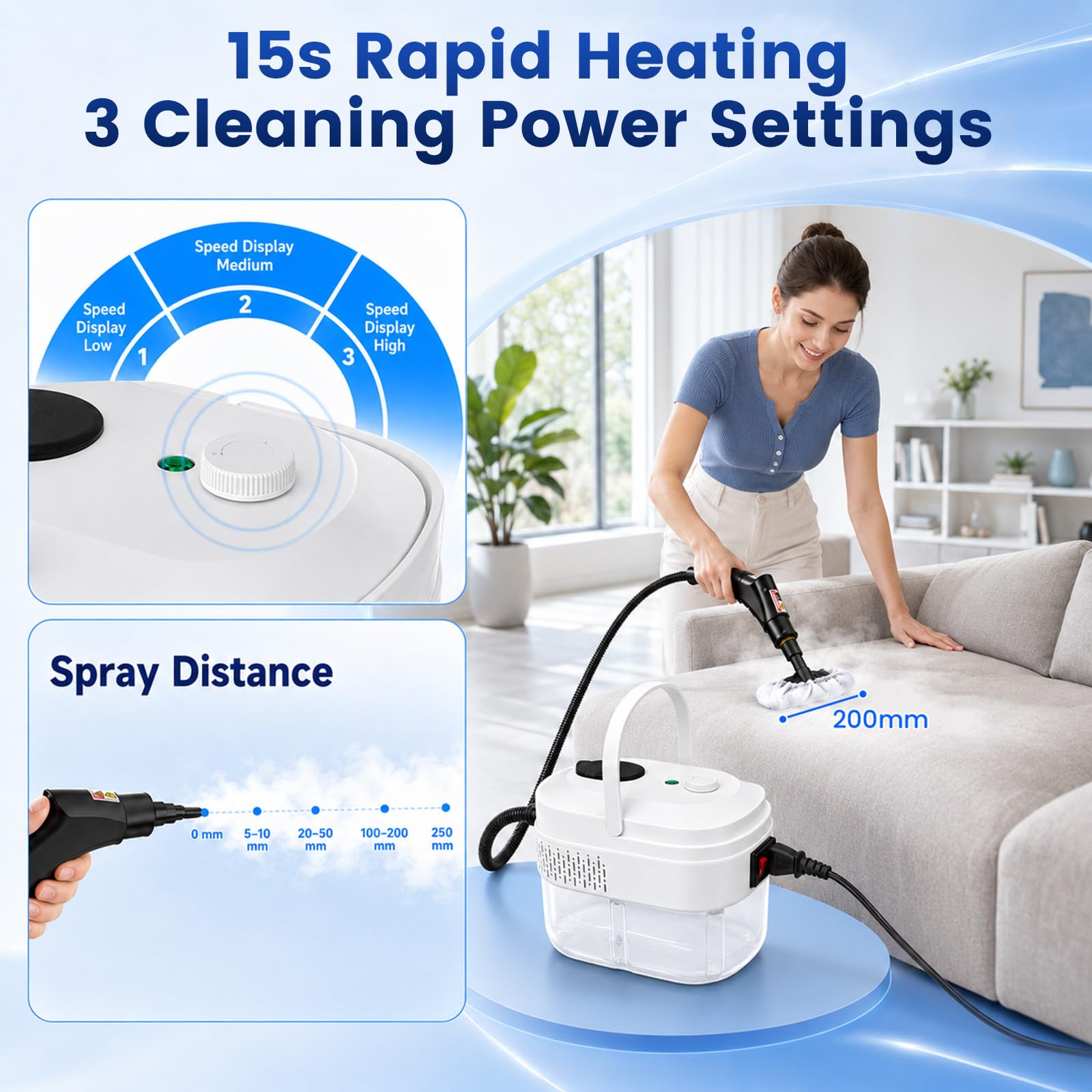 Limpiador Vapor 19 en 1 con 3 Bares y 2500W, Vaporeta de Mano con Calentamiento, Depósito 1.4L y Manguera 2m, Limpiadora a Vapor para Cocina, Baño, Suelos, Coches – sin Químicos