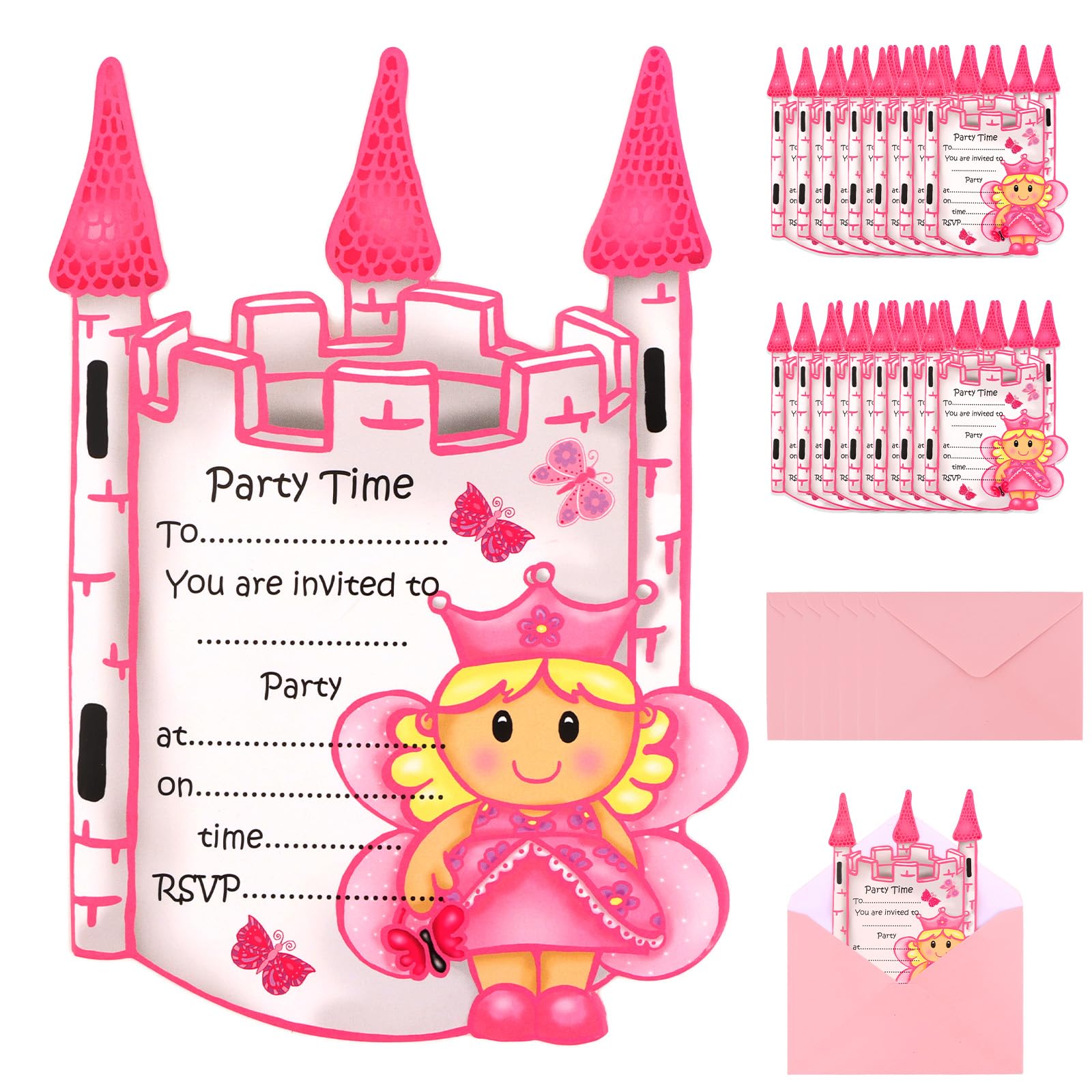 Padorul Princess-Themed Birthday Invitations 16 Pieces, Pink Castle-Shaped Invitation Cards for Girls' Kids' Birthday Parties