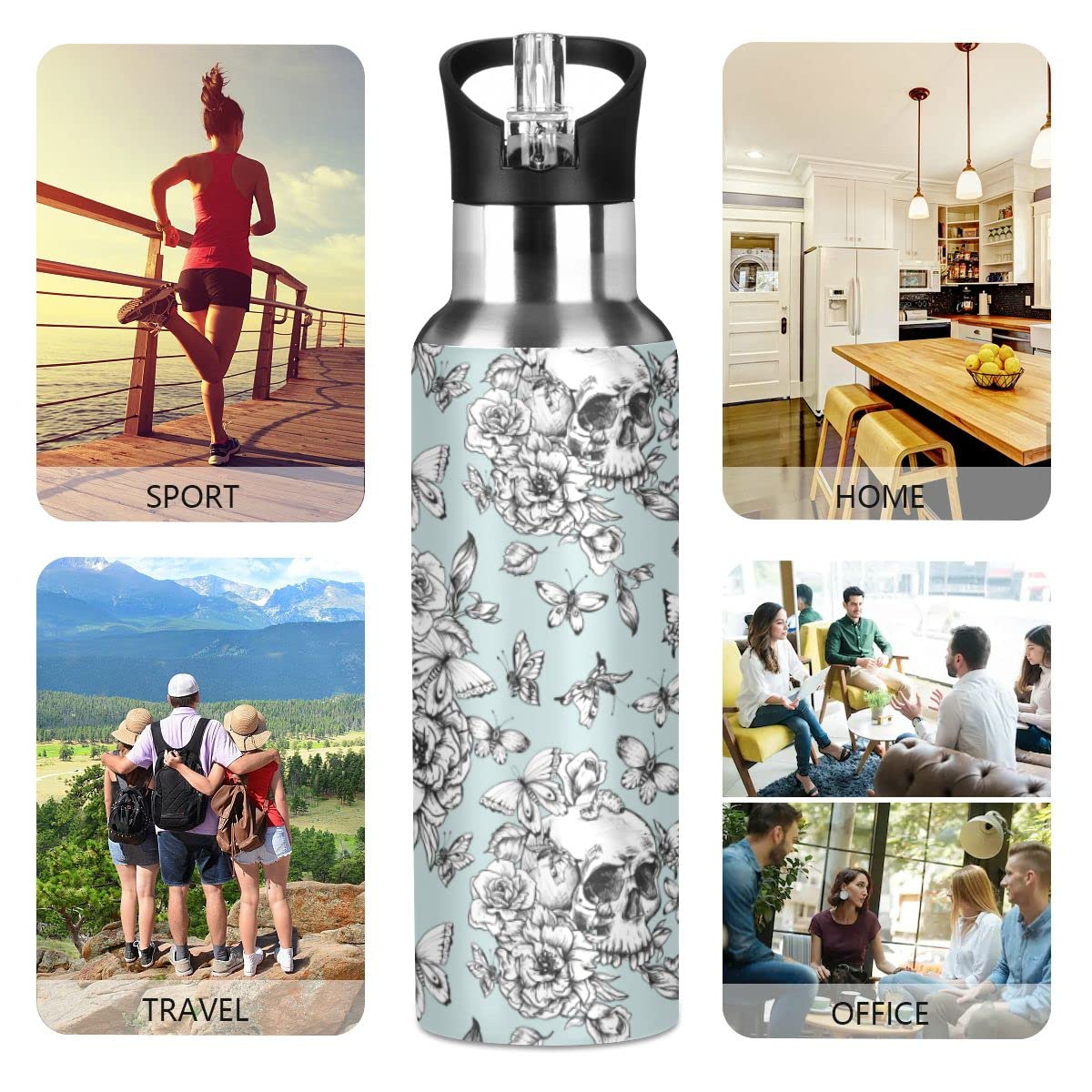 Edelstahl Wasserflasche mit Strohhalm, Vintage Goth Skull Isolierte Trinkflasche Sport Wasserflasche für Kinder Erwachsene, auslaufsicher, 1L