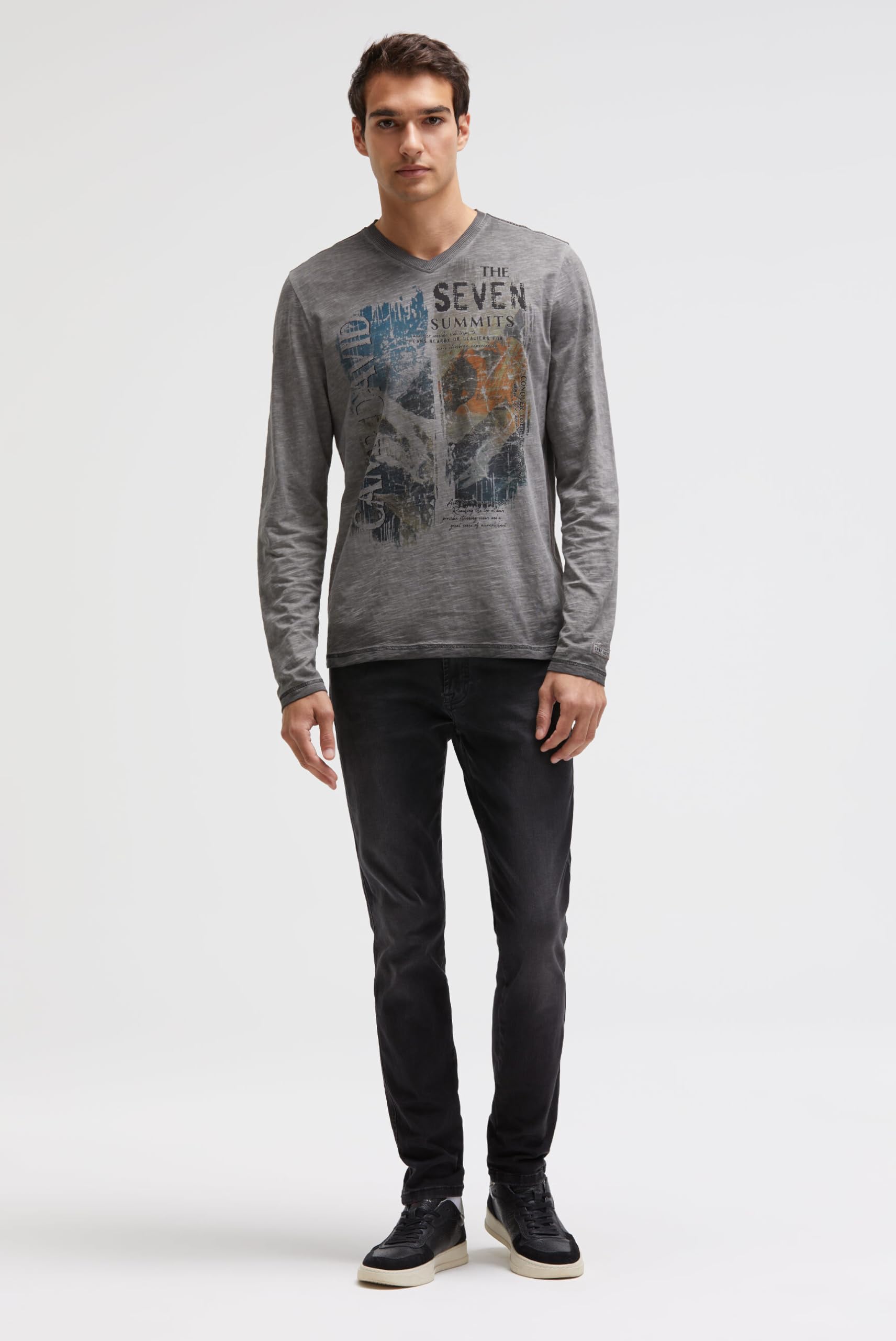 Camp David Herren Longsleeve mit V-Neck und Photoprint Black