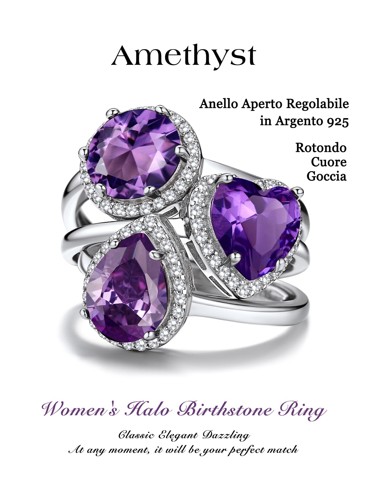 Bestyle Anello Donna Argento 925 Regolabile con Pietra Portafortuna 12 Mesi, Anello Argento 925 Donna per Ragazza Mamma, Confezione Regalo