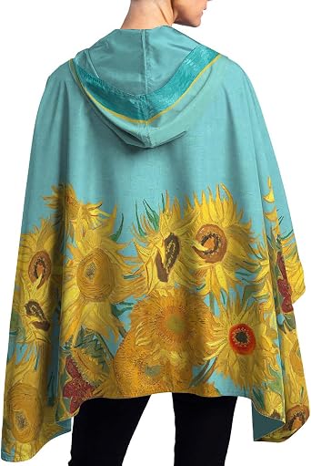 RainCaper van Gogh Sunflowers Womens Rain Cape Poncho with Hood Reversible