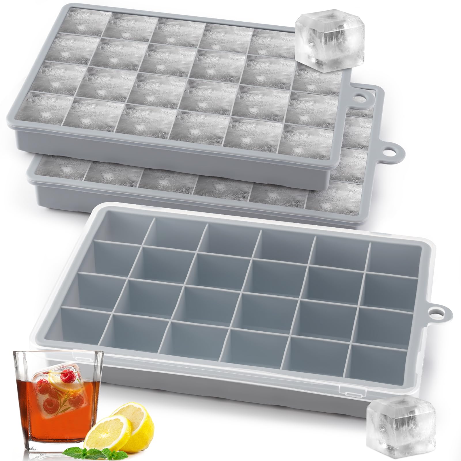 Sinnsally Silicone Ice Cube Trays,24 Square Ice Cube Tray with Lid,3 Pack Ice Cube Moulds Set,Ice Molds Maker Silicone,Large Ice Trays for Whiskey Freezer Containers,BPA Free