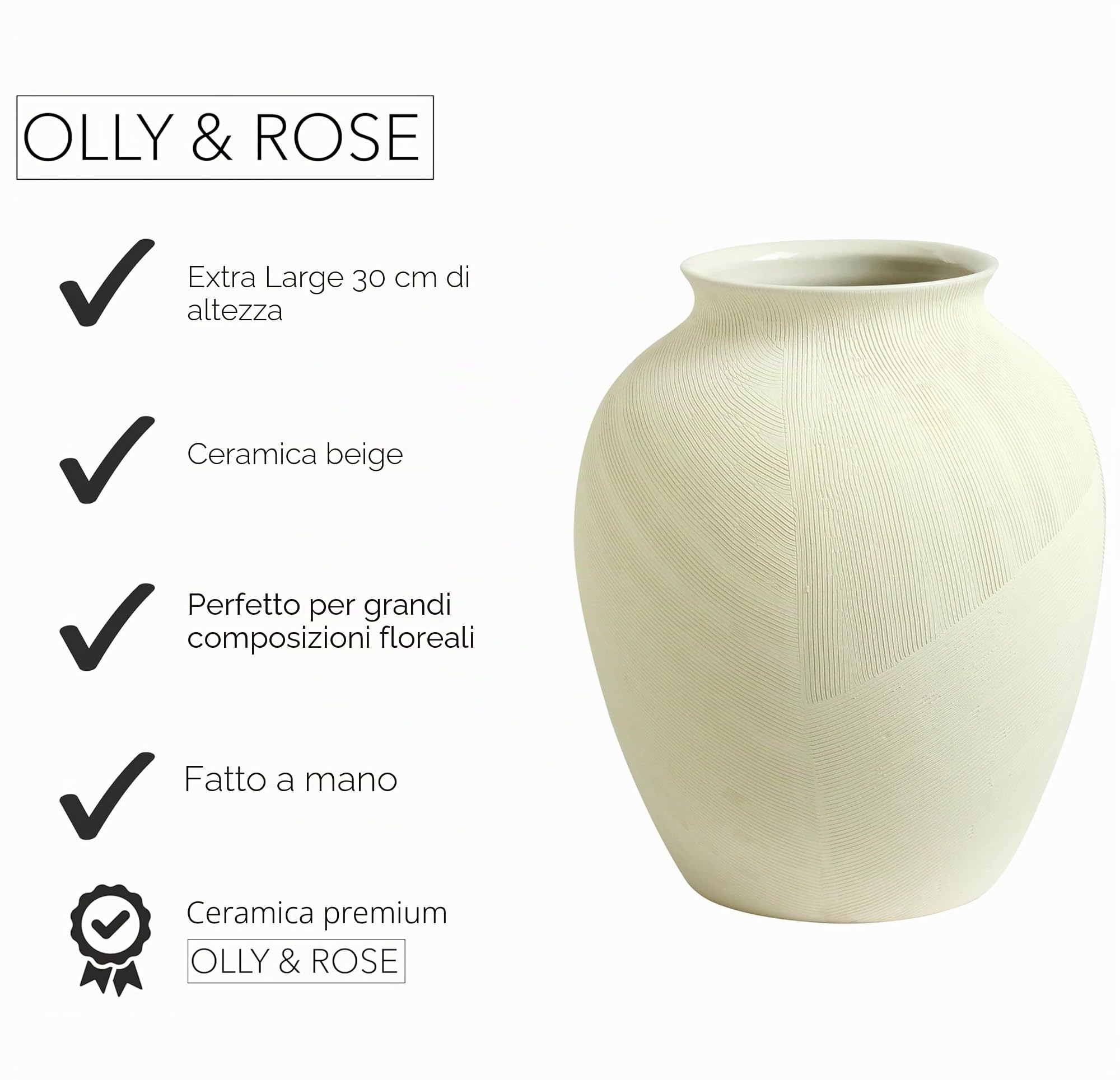 Rhodes Vaso in ceramica beige extra large con linee spazzolate, altezza 30 cm, vaso per fiori contemporaneo per la decorazione della casa