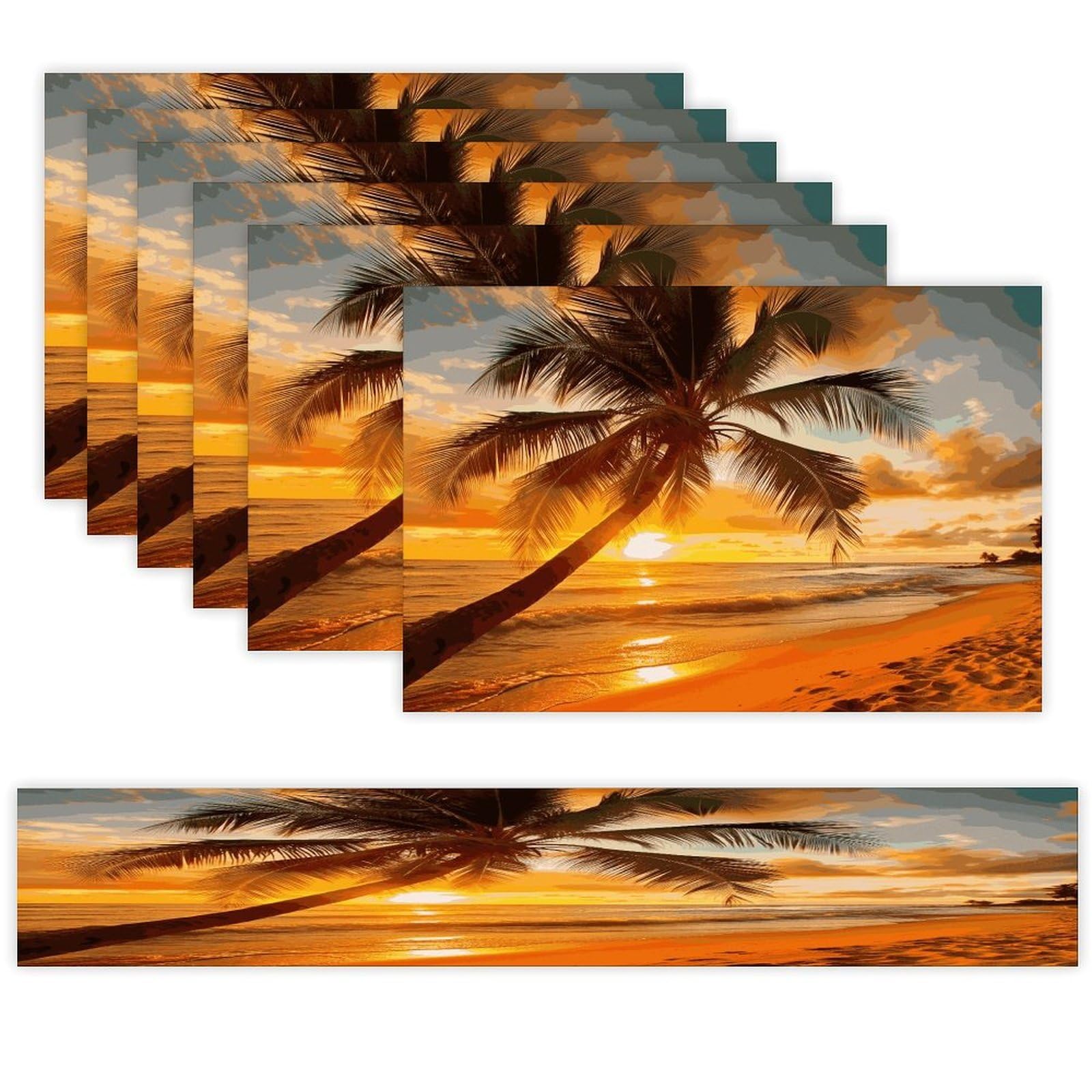 Tropical Beach Palm Tree Sunset Table Runner and Placemats Set of 6 Wipe Clean Heat Resistant Table Mat with Table Runner Decorations Flax Linen Place Mat Set for Home Kitchen Party Supplies