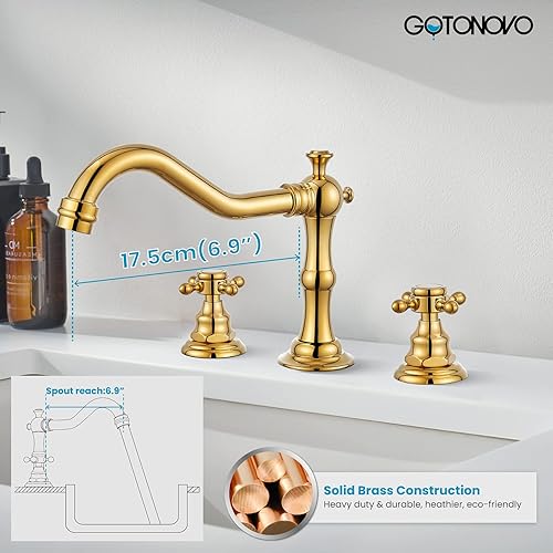 Miniatura 4 de gotonovo Grifo de lavabo de baño de 3 agujeros, doble mango cruzado, grifo mezclador para lavabo de baño, grifo de tocador, montaje en cubierta,