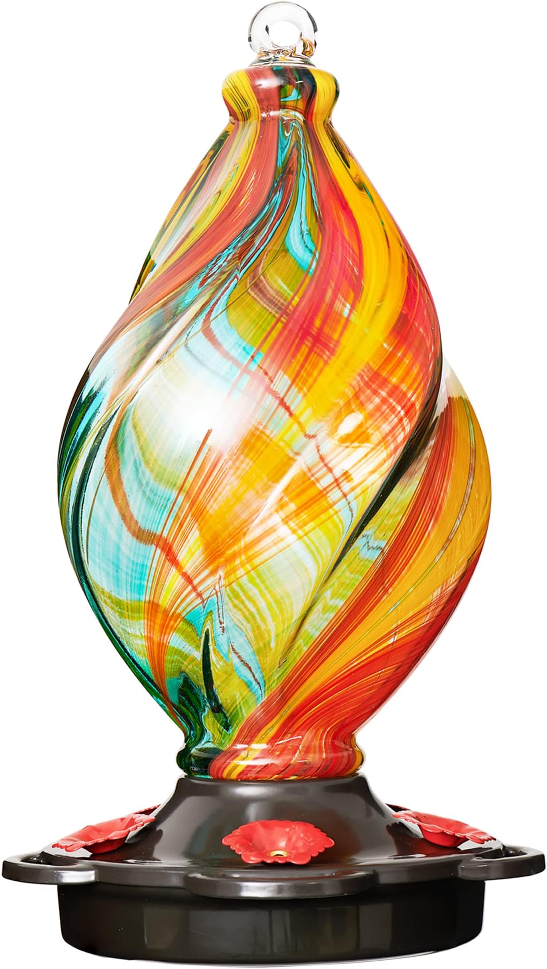 LUJII Ice Cream Shaped Spiral Hummingbird Feeder for Outdoors Hanging, Hand Blown Glass, 28 fl.oz, Leak Proof & Rustproof, Includes an Ant Moat, Unique Garden, Outside & Backyard Decor (Ribbon)