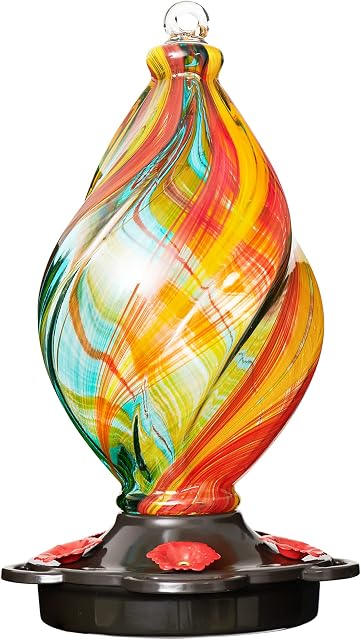 LUJII Crème glacée en forme de colibri spirale pour l'extérieur suspendu, verre soufflé à la main, 28 Fl.oz, preuve de fuite & Jardin unique et résistant à la rouille & Décor de jardin, Cadeaux pour les amoureux d'oiseaux ou les jardiniers, Ruban