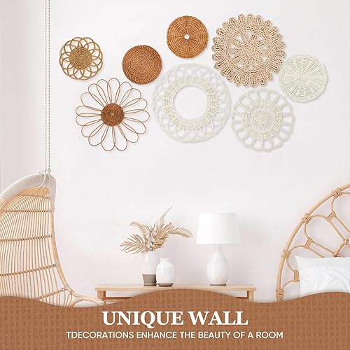 Vista 17 de Juego de 6 cestas de pared bohemias – Decoración de pared tejida para colgar, cesta tejida hecha a mano, redondas, planas, arte de pared