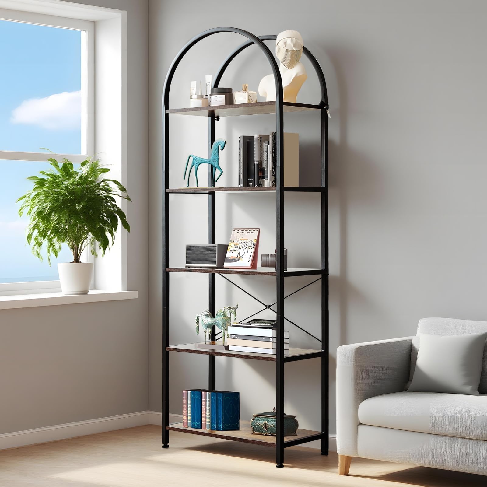 Libreria ad arco a 5 ripiani con metallo e – 60 x 28 x 180 cm scaffale per soggiorno, bagno e ufficio - marrone Display nd