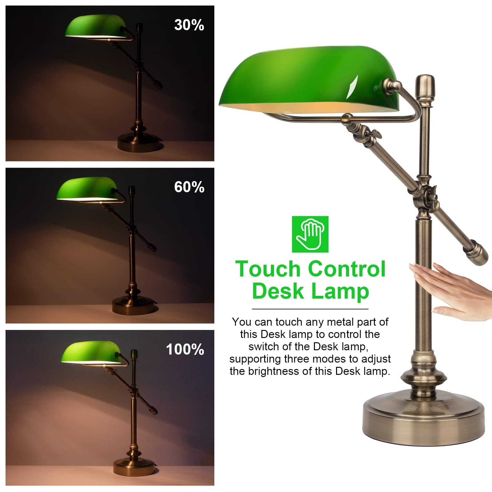 FIRVRE Lampada da banchiere verde, dimmerabile, vintage, LED da scrivania con funzione di ricarica, lampada da tavolo touch, dimmerabile, e27, per studio, casa, ufficio, soggiorno, camera da letto