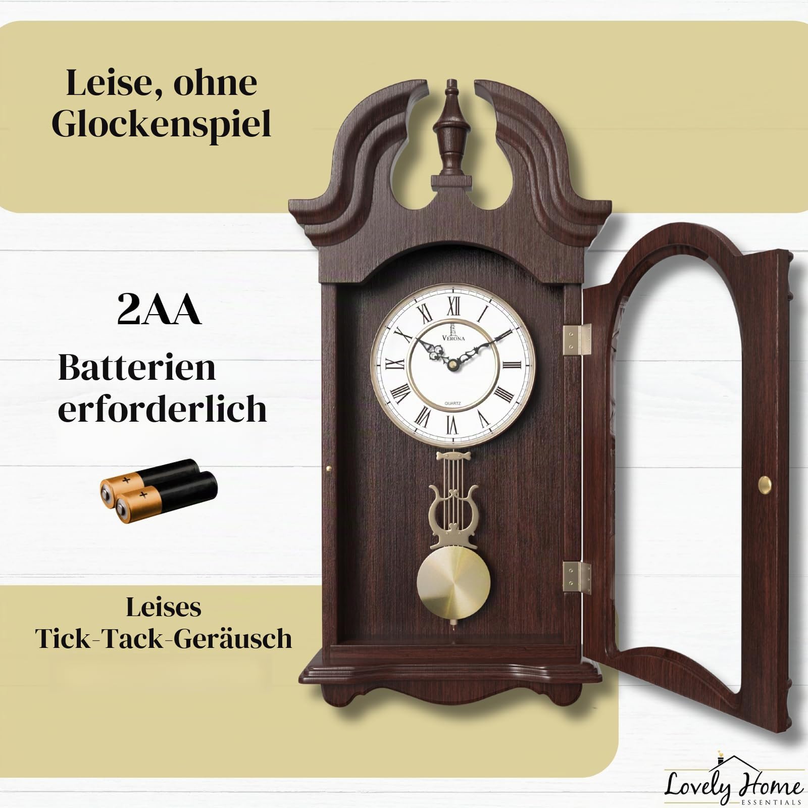 Pendel-Wanduhr, batteriebetrieben, hölzerne hängende Großvater-Wanduhr mit Pendel, 59,7 x 22,9 cm, leise, nicht klingelnd, mit Echtholz für Wohnzimmer-Dekor, Büro und Heimdekoration, Geschenk