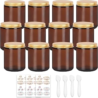 EkkoVla 12 Pack 8 oz Amber Round Glass Jars, Candle Jars with Gold Lids, Empty Refillable Cosmetic Bottles for Lotions, Face Creams, Body Butter, Powders, Ointments, Beauty Products