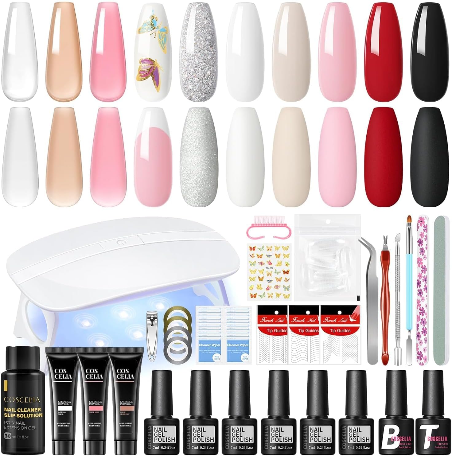 COSCELIA UV Nagellak Set met UV Lamp – 6 kleuren UV Nagellak Set en 3 kleuren Poly Nails Gel Base Coat Top Coat Nagel Set Gel Nagels Startset Complete DIY Nagelstudio Nagels