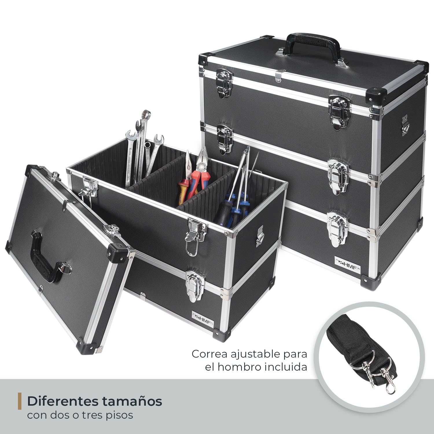 HMF 14660900 - Maletín de herramientas de aluminio, vacío, con separadores individuales, estantes a elegir, color negro