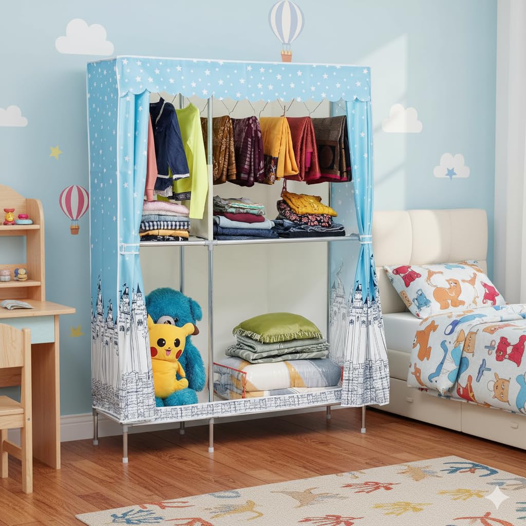 Livzing 4 Shelves Multipurpose Kids Wardrobe with Zipper & 2 Cloth Hanger - DIY Stainless Steel Storage Rack for Clothes for Home - Space Saving Collapsible Portable Hostel Wardrobe for Clothes