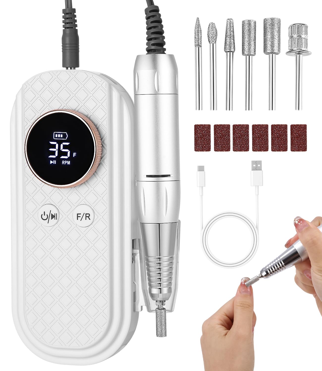 Torno para Uñas Profesional 35000 RPM,Torno de Uñas Inalambrico Pulidor Lima Electrica Uñas Portatil para Semipermanentes Acrilicas Manicura y Pedicura, Baja Vibración, Salón DIY