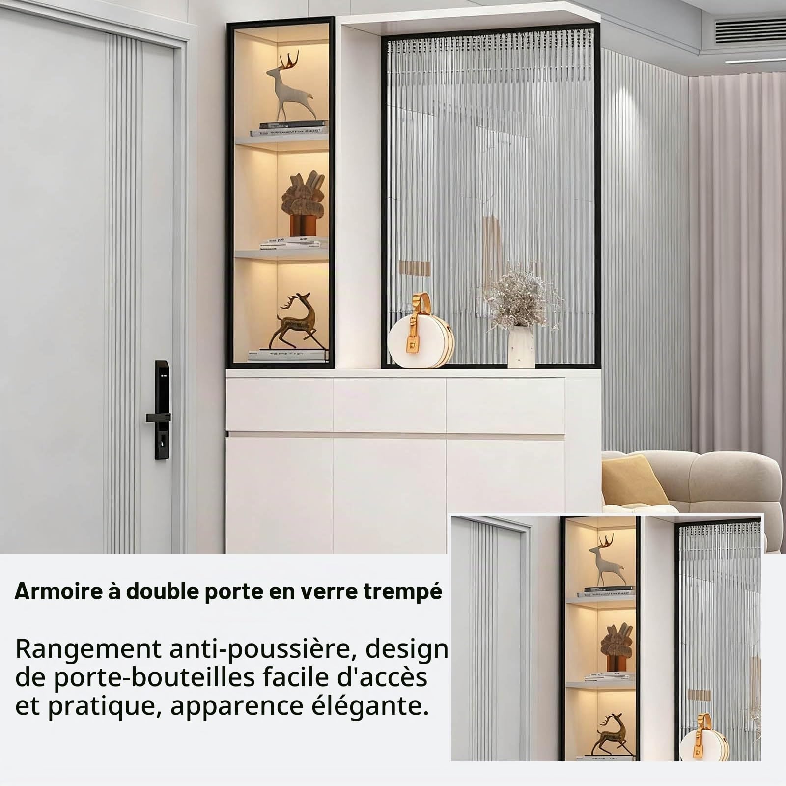 Colonne de séparation de 200 cm de Haut avec Verre trempé Opaque, cloison Murale en Bois du Sol au Plafond avec Espace de Rangement, aux entrées, aux Bureaux et Autres lieux.(A,80cm/31.5in)